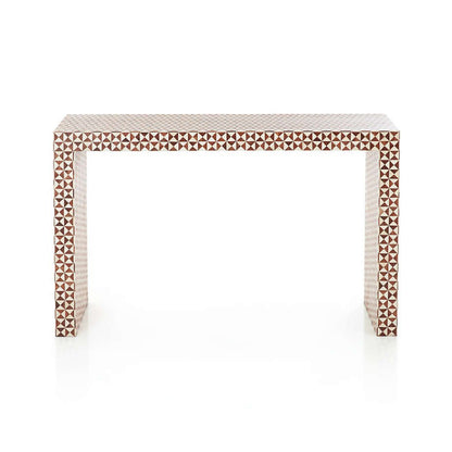 Brown and ivory bone inlay console table with dense triangle geometric mosaic covering the full surface and waterfall slab legs, isolated on white background for entryway decor