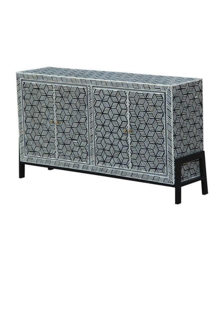 Bone Inlay Credenza Four Door in gray with an angled view of the geometric doors, striped border, and black metal base.