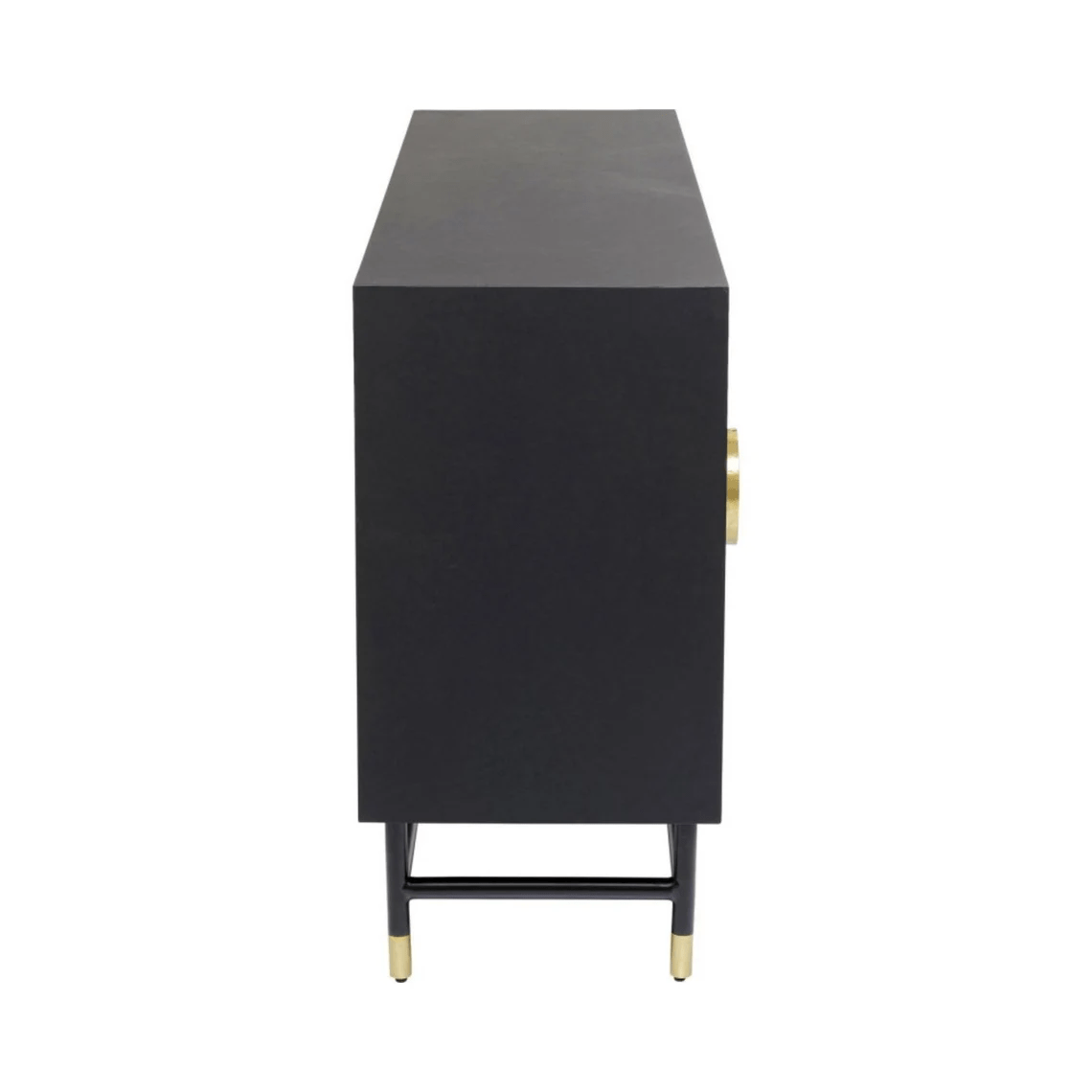 Bone inlay credenza with black trestle frame and brass-tipped feet, profile view of handcrafted four-door hardwood sideboard with storage compartments