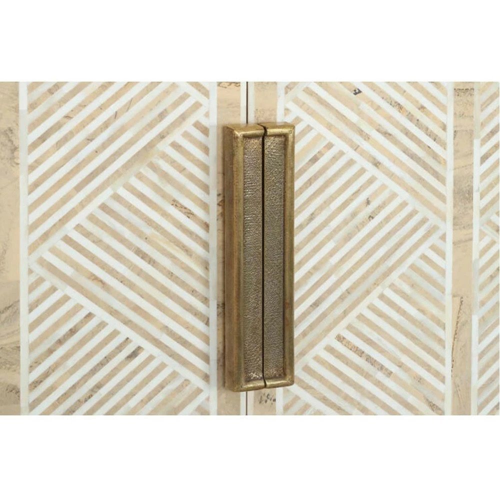 Wooden bar cabinet featuring repeating ivory bone inlay lines arranged diagonally across both doors to create a bold diamond design, with tall handles and a slim brass-finish support frame.