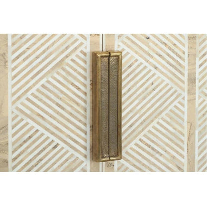 Wooden bar cabinet featuring repeating ivory bone inlay lines arranged diagonally across both doors to create a bold diamond design, with tall handles and a slim brass-finish support frame.