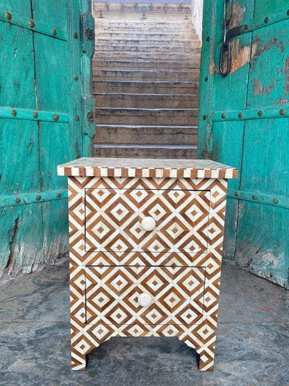 Bone Inlay Diamond Pattern Bedside Table with Two Drawers and Round White Bone Knobs in Brown and Cream Wood Finish