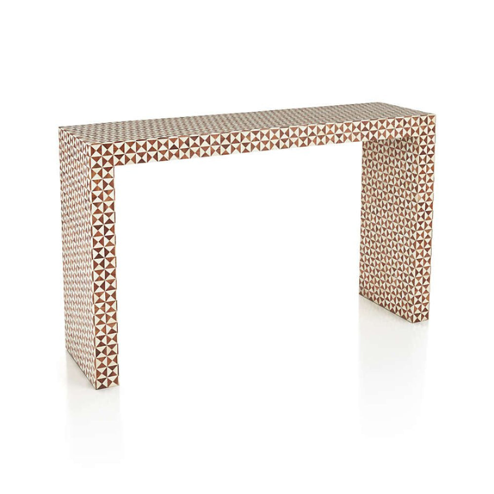 Bone inlay entryway console table featuring hand-set ivory floral inlay pattern on mango wood, crafted by Indian artisans for luxury home interiors