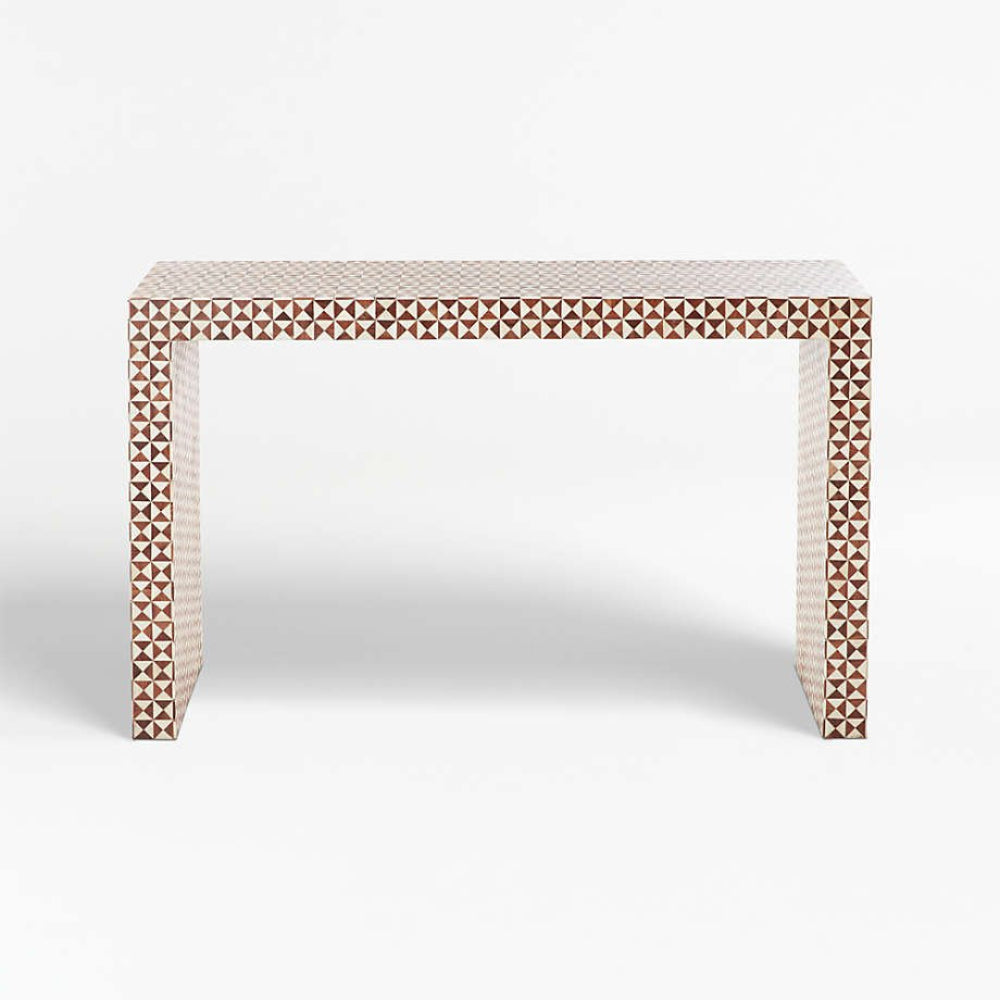 Bone inlay entryway console table in brown and ivory triangle mosaic pattern displayed on white background, showing full structure with waterfall legs and inlay-covered tabletop