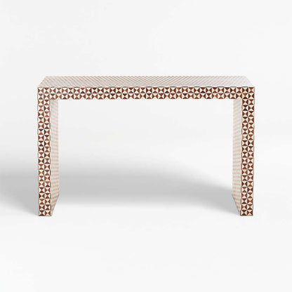 Bone inlay entryway console table in brown and ivory triangle mosaic pattern displayed on white background, showing full structure with waterfall legs and inlay-covered tabletop