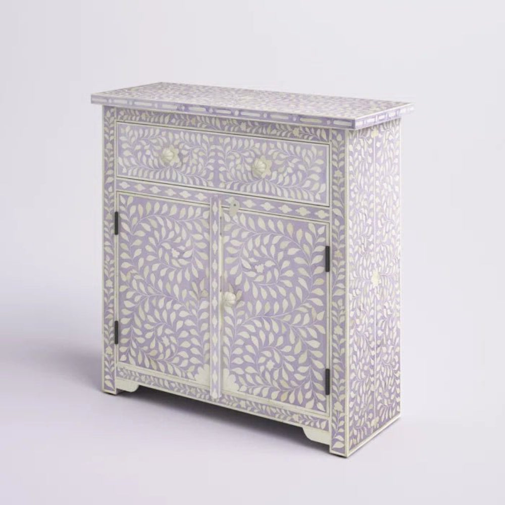 Bone inlay solid wood cabinet in lavender grey with all-over white leaf inlay, one drawer and two-door cupboard with bone knobs, shown on a plain white background with full cabinet detail.