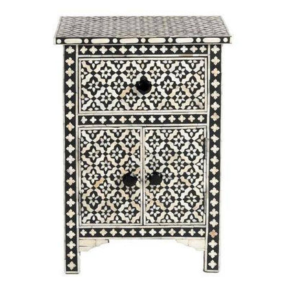 Handcrafted bone inlay bedside table in black and white geometric pattern with drawer, double doors, and decorative knobs