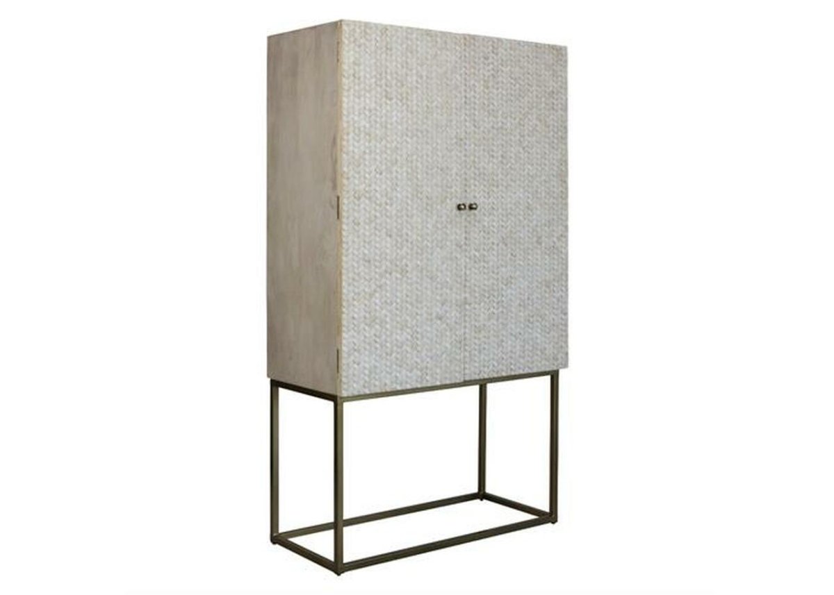 Bone inlay herringbone double door bar cabinet with brass metal base, angled view showing full cabinet structure on white background