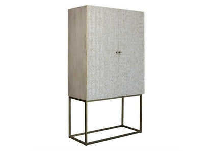 Bone inlay herringbone double door bar cabinet with brass metal base, angled view showing full cabinet structure on white background