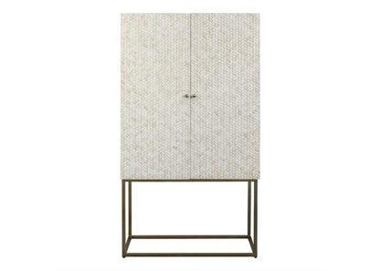 White bone inlay herringbone pattern drinks storage cabinet with double doors and brass base, front view on white background