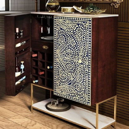 Handmade Bone Inlay Navy Blue Drinks Cabinet in straight-on front view, showing floral inlay and gold frame