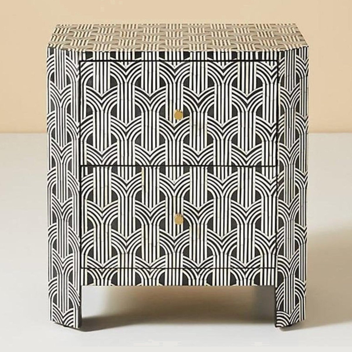 Black Bone Inlay Night Table with two drawers and a repeating ivory arch pattern framed by curved waterfall sides.