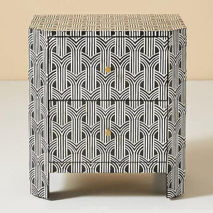 Black Bone Inlay Night Table with two drawers and a repeating ivory arch pattern framed by curved waterfall sides.