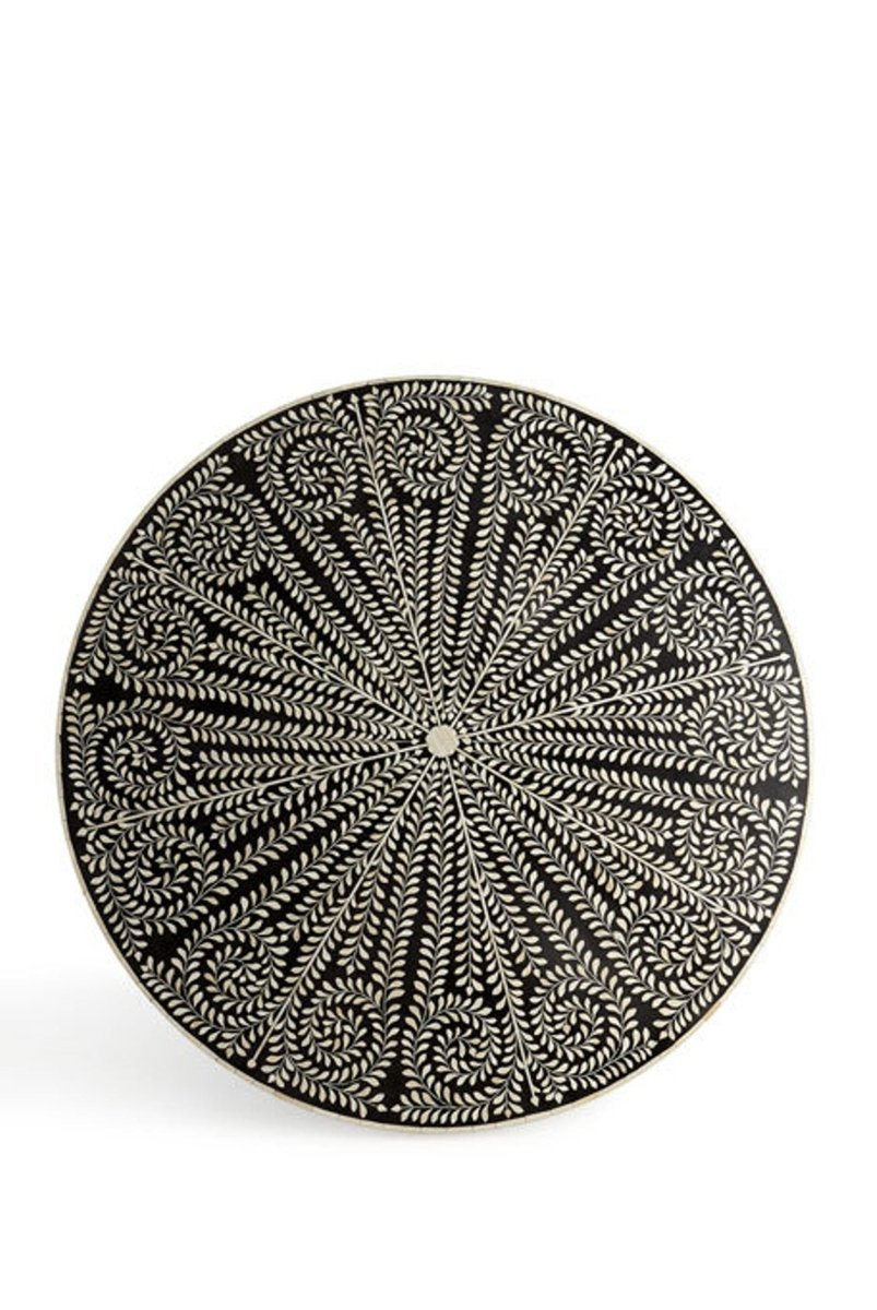 Top view of a handmade black and white bone inlay round Banquet table, showing the full radial floral and leafy pattern across the circular tabletop, contrasting checkerboard border, centered design, and detailed carved inlay surface.