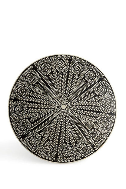 Top view of a handmade black and white bone inlay round Banquet table, showing the full radial floral and leafy pattern across the circular tabletop, contrasting checkerboard border, centered design, and detailed carved inlay surface.