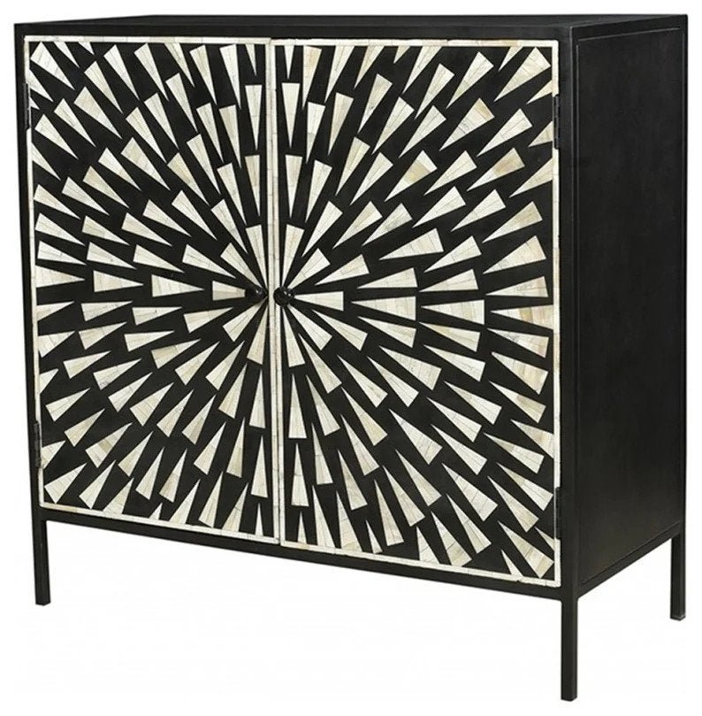 Bone inlay radial sunburst accent cabinet with double doors on black iron frame, handcrafted black and white luxury furniture storage piece