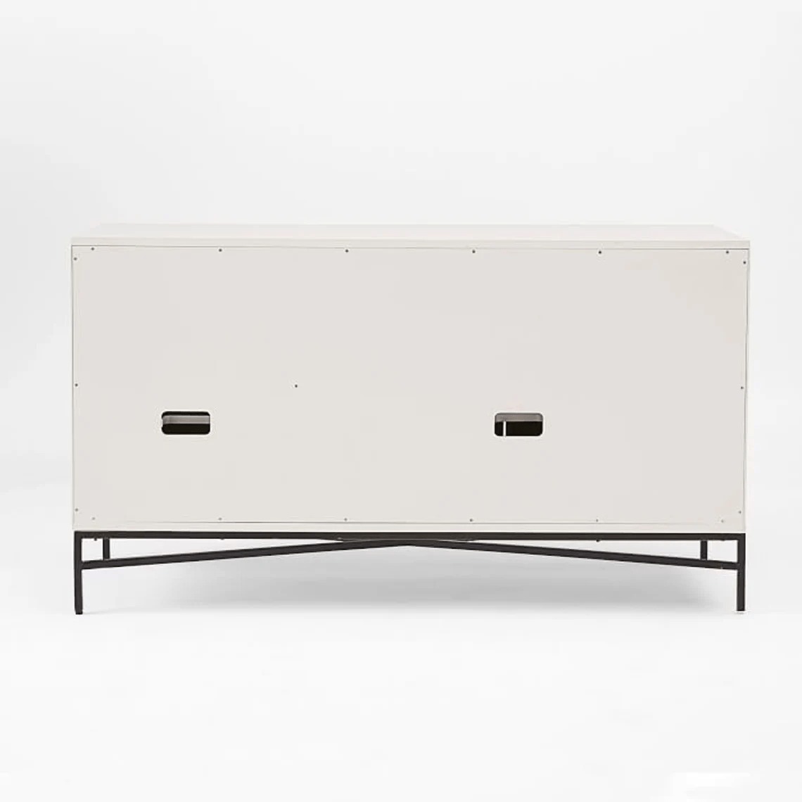 Rear panel of bone inlay sideboard showing sturdy white MDF back with two black carry handles and robust cross-brace iron base construction detail