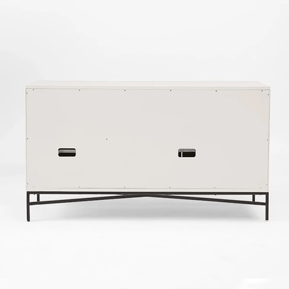Rear panel of bone inlay sideboard showing sturdy white MDF back with two black carry handles and robust cross-brace iron base construction detail