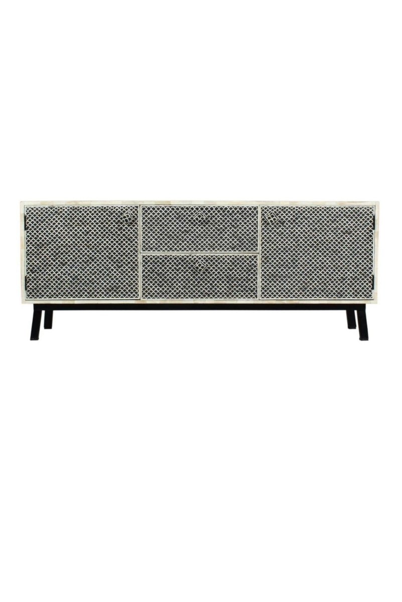Geometric Bone Inlay TV Stand, straight-on view with patterned sections, black legs and closed storage on white background