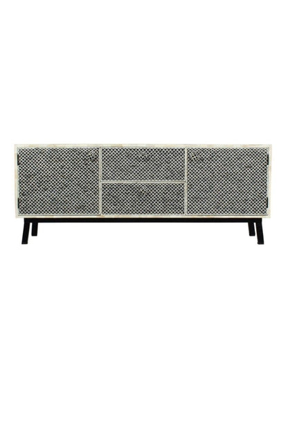 Geometric Bone Inlay TV Stand, straight-on view with patterned sections, black legs and closed storage on white background