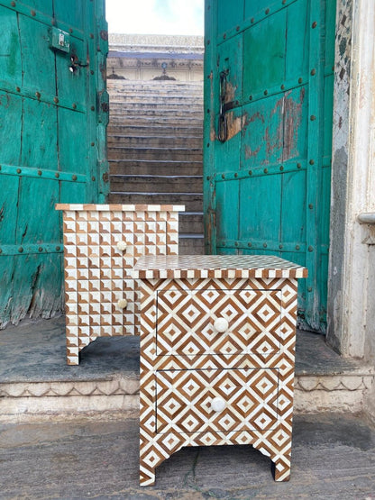 Set of Two Bone Inlay Bedside Tables with Diamond and Triangle Geometric Patterns in Brown and Cream Wood Tones