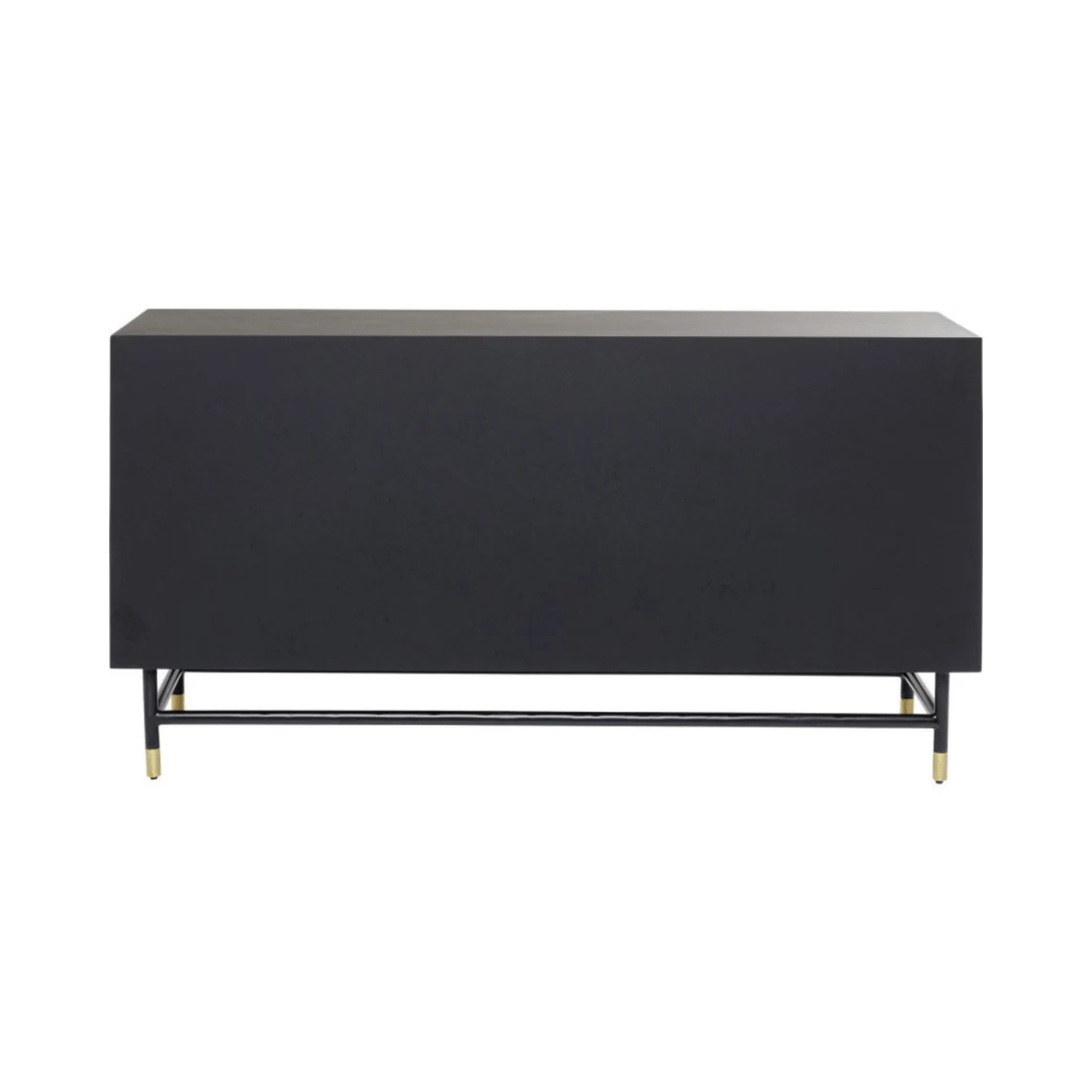Bone inlay wooden buffet with black metal base and brass foot caps, minimalist rear profile of handmade four-door sideboard cabinet