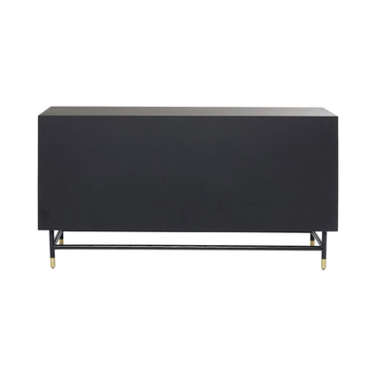 Bone inlay wooden buffet with black metal base and brass foot caps, minimalist rear profile of handmade four-door sideboard cabinet