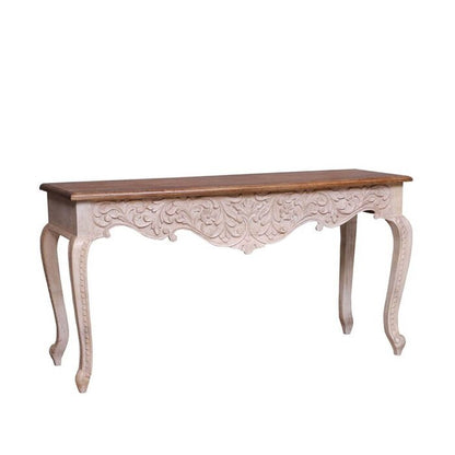 Cabriole Leg Hallway Table in rustic wood with floral apron carving, shown in a front view angled from the left.