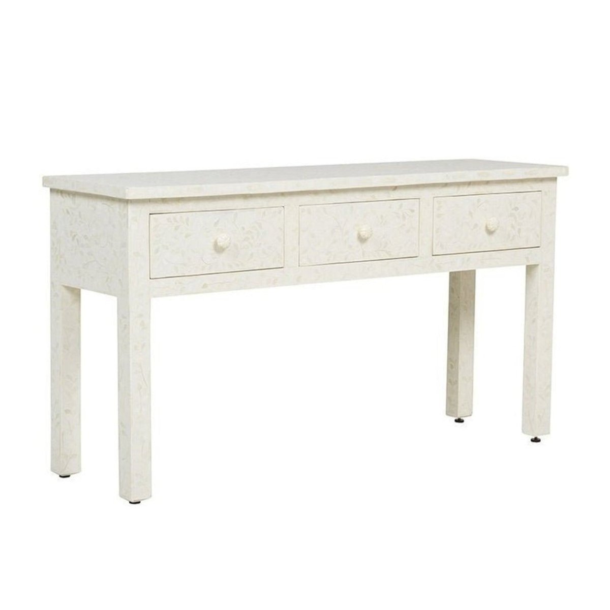White bone inlay entryway table shown in a straight-on front view, with a slim three-drawer profile, white-on-white floral vine inlay across the front and top, matching ivory knobs, and tapered legs forming the base of the handmade console table.