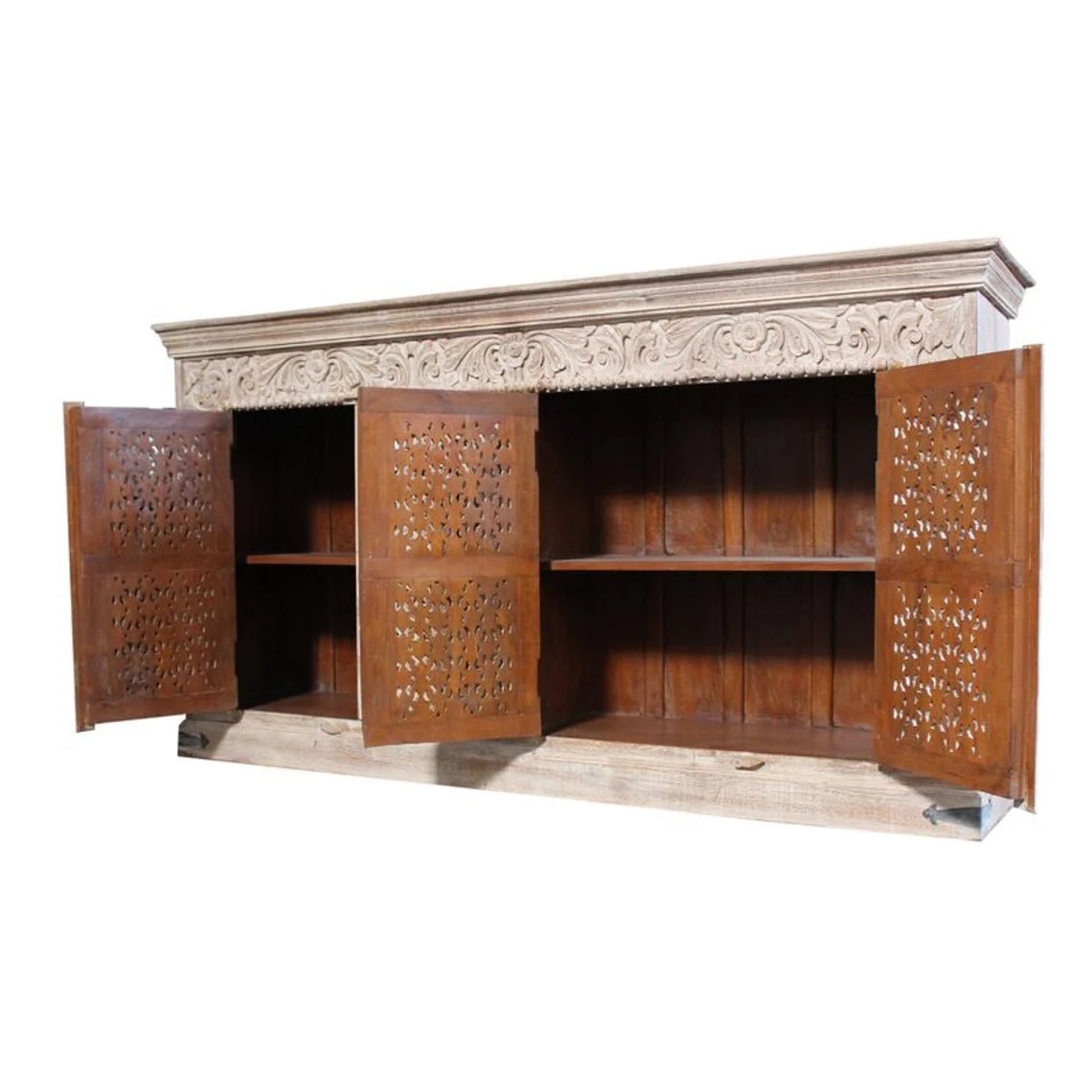 Carved wood storage cabinet with a rustic finish, front view with doors open to reveal shelves and a warm wood interior.