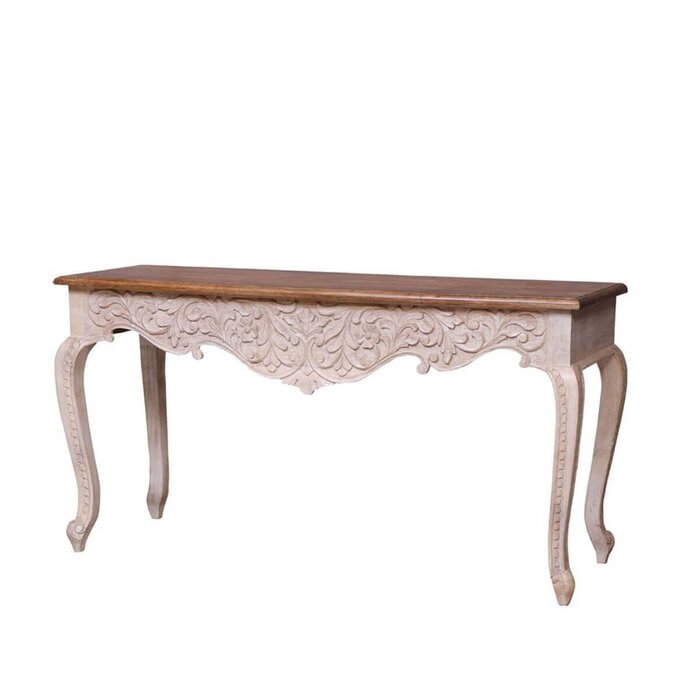 Floral Carved Entryway Table with a wooden top and rustic curved legs, shown in a front view angled from the right.