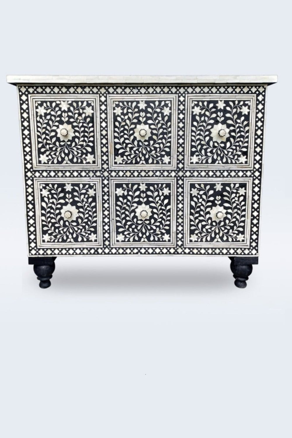 Black Bone Inlay Paneled Chest of Drawers with six drawers, floral vine panels, geometric borders, and black feet