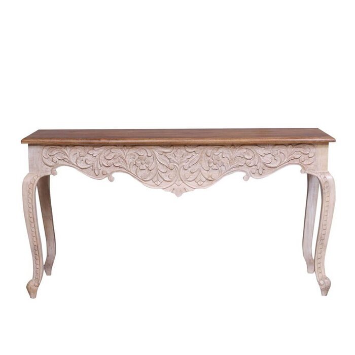 Floral Wooden Sofa Table with a warm wood top, carved apron and curved legs, shown in a straight-on front view.