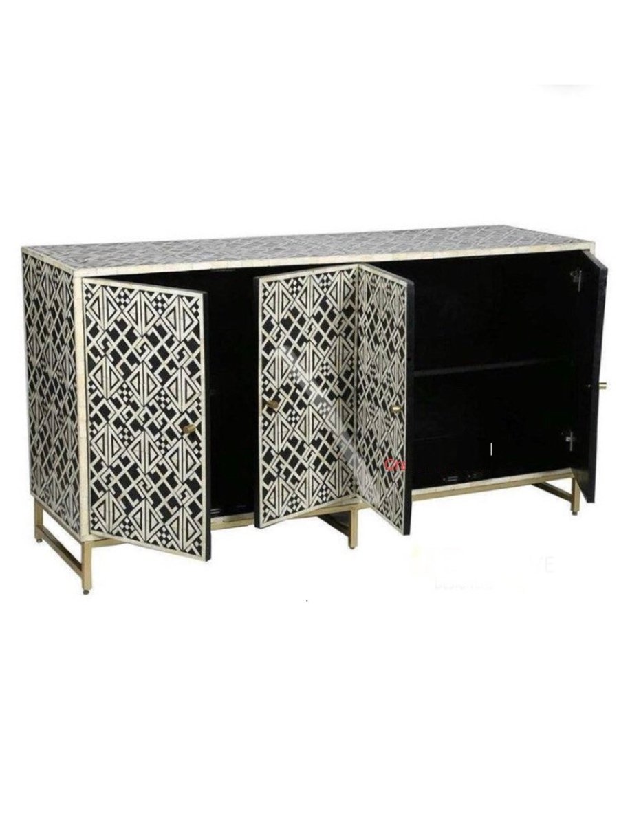Four Door Credenza Bone Inlay full front view displaying the black and ivory geometric pattern with gold metal base.