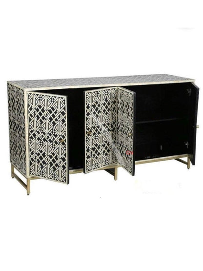 Four Door Credenza Bone Inlay full front view displaying the black and ivory geometric pattern with gold metal base.