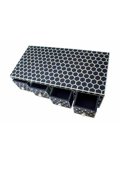 Four Drawer Inlay Center Table with black-and-white honeycomb detailing, photographed in a complete product view against a plain backdrop.