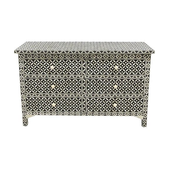 Geometric bone inlay black dresser with six sliding drawers, handmade Indian furniture piece featuring monochromatic star and diamond motifs
