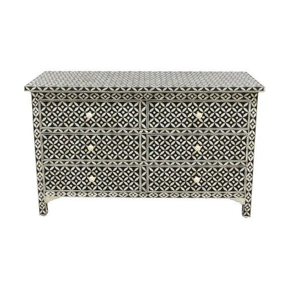 Geometric bone inlay black dresser with six sliding drawers, handmade Indian furniture piece featuring monochromatic star and diamond motifs