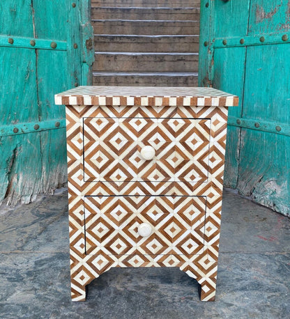 Geometric Bone Inlay Two Drawer Nightstand with 3D Triangle Pattern in Cream and Brown Wood Tones with Round Knobs