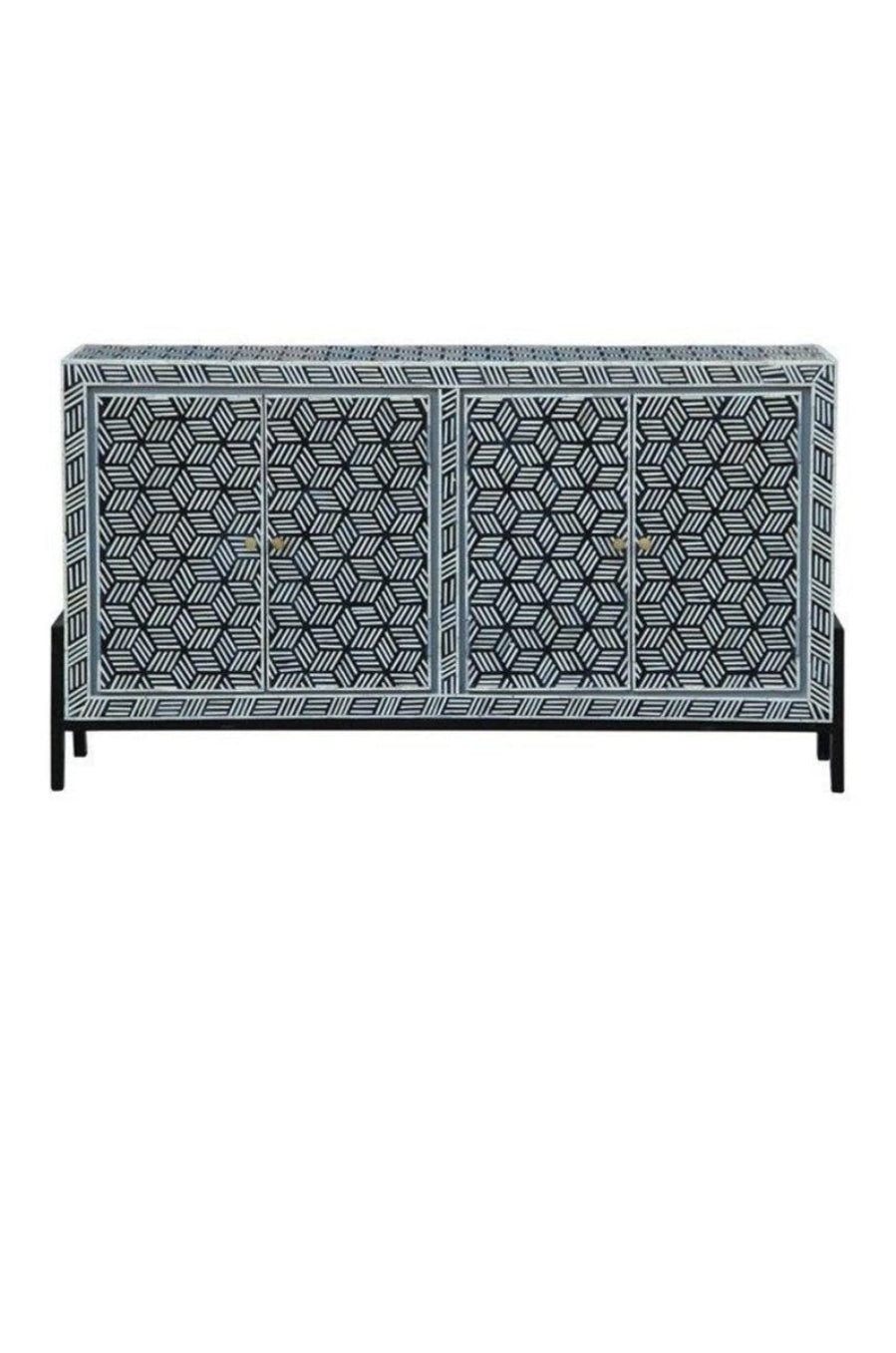 Geometric Buffet Four Door in gray bone inlay, front three-quarter view with its patterned cabinet face.