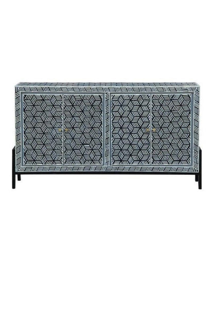 Geometric Buffet Four Door in gray bone inlay, front three-quarter view with its patterned cabinet face.
