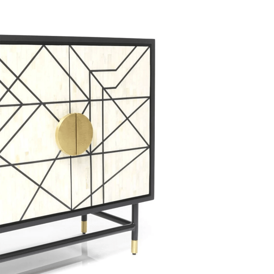 Geometric inlay wooden sideboard with brass-capped feet and black metal base, luxury Art Deco credenza for modern home decor