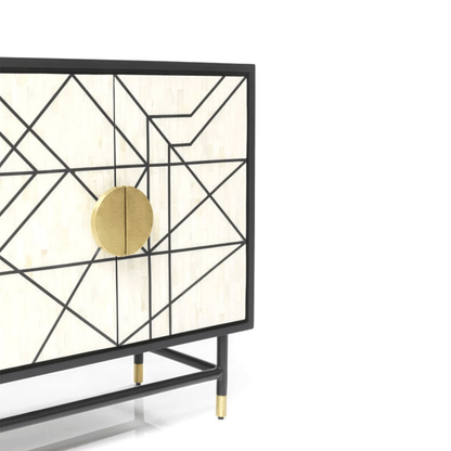 Geometric inlay wooden sideboard with brass-capped feet and black metal base, luxury Art Deco credenza for modern home decor