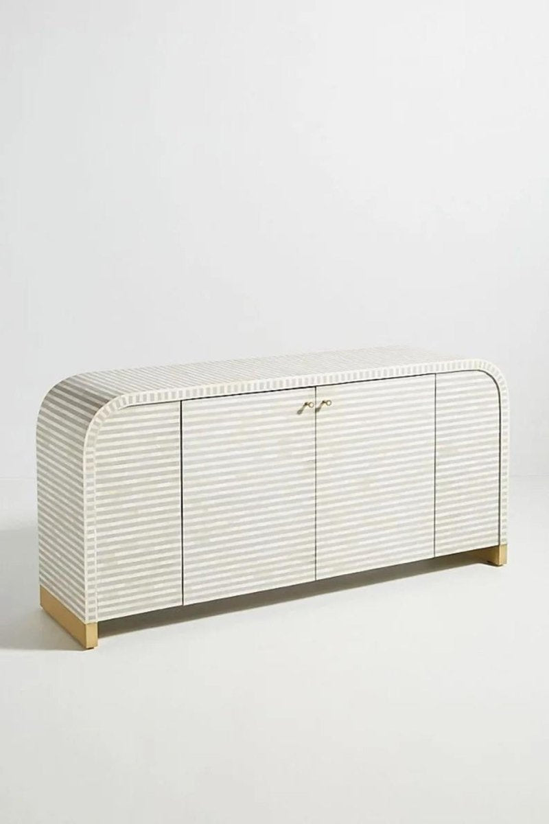 Right front angle of the handmade grey bone inlay Waterfall buffet, showing the rounded sideboard edges, grey horizontal stripe pattern, and bone inlay across the cabinet front. This view presents the complete indoor storage cabinet from the opposite side.