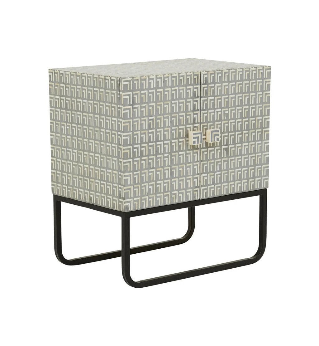 Handmade grey bone inlay nightstand with repeating Greek key pattern, inlay knobs, and black metal sled base on white background