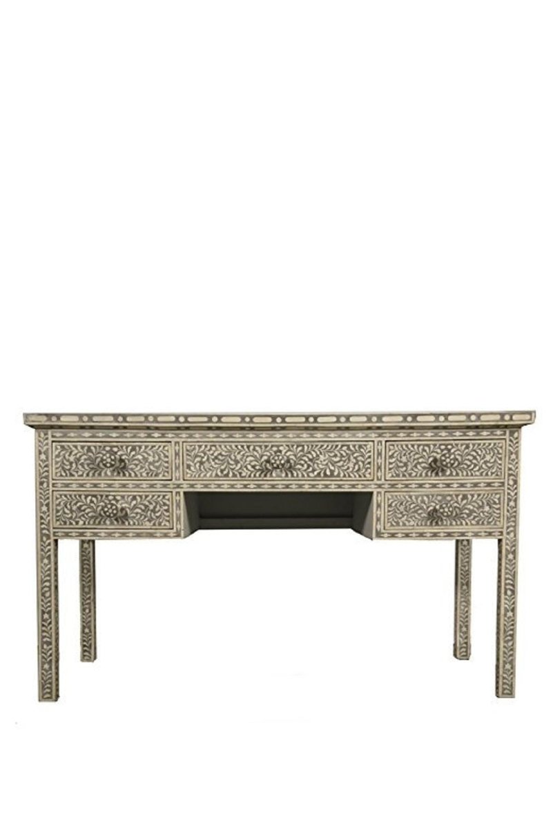 Front view of a grey and ivory handmade bone inlay console table with five drawers, a rectangular top, floral patterned apron, slim tapered legs, and detailed inlay across the front. The furniture is isolated against a white background for clear product viewing.