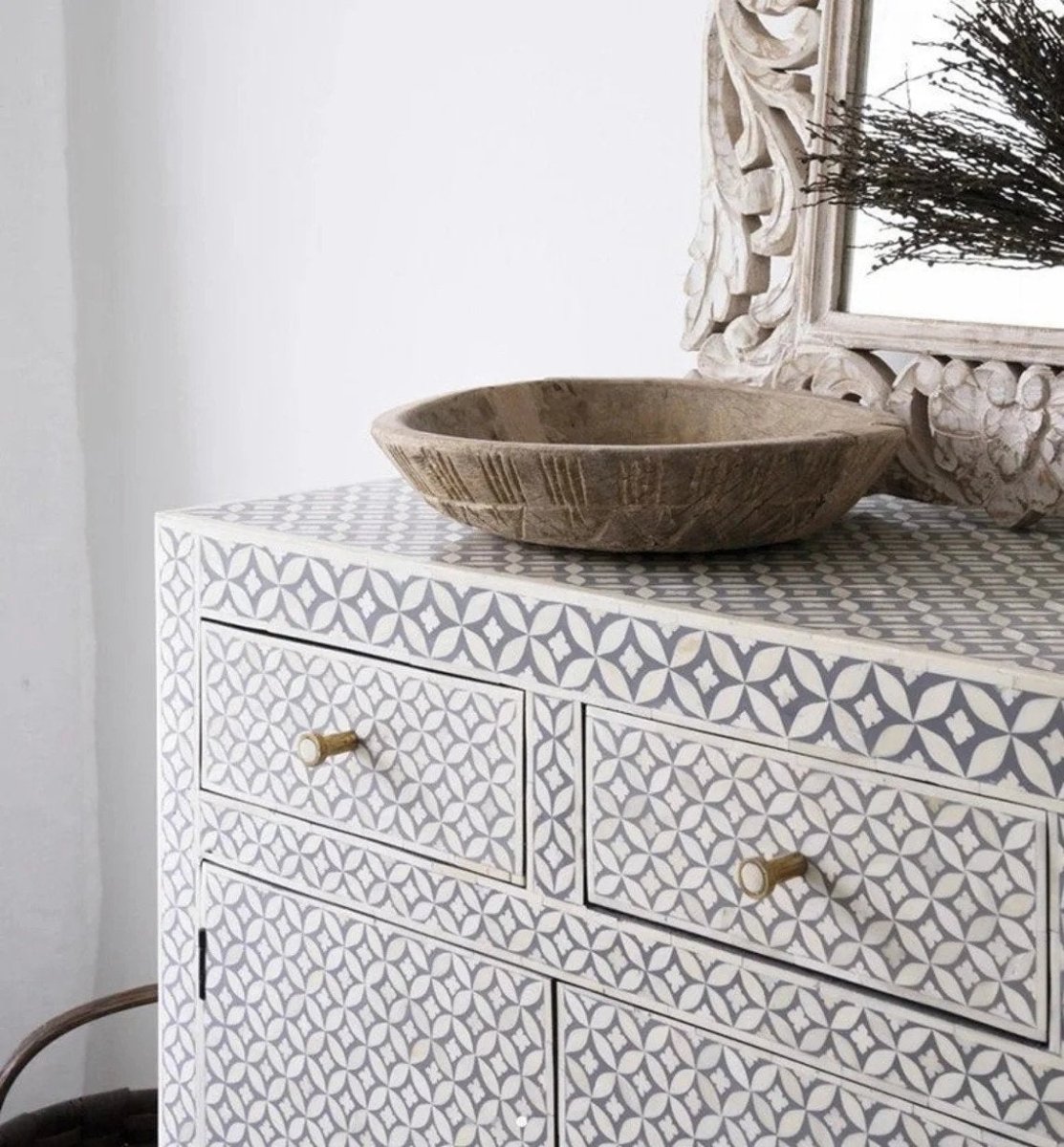 Handcrafted grey and white bone inlay buffet cabinet with multiple drawers, star floral motif inlay work and antique brass hardware