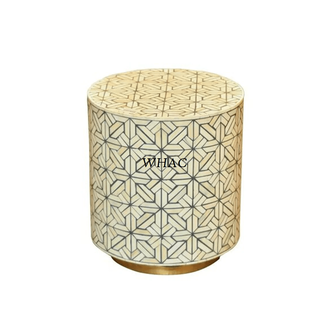 Handcrafted star inlay round drum accent table with ivory geometric surface and a circular gold accent base