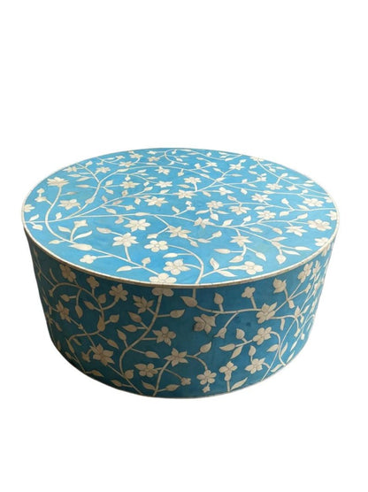 Handcrafted turquoise bone inlay coffee table with floral pattern, mango wood round center table, artisan furniture for home decor