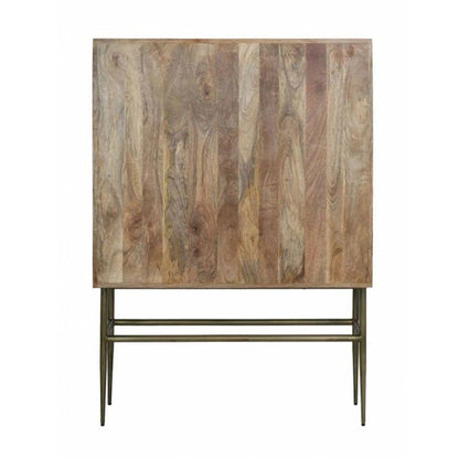 Back view of the tall handmade bone inlay bar cabinet, showing its plain rectangular rear panel, straight cabinet edges, and slim antique brass-finish metal stand against a neutral background.